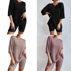 Womens 2 Piece Set Summer Ribbed Knit Matching Outfits T-shirt Shorts Dropship