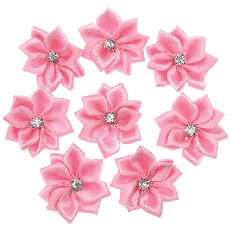 30Pcs Handmade Small Satin Flowers Fabric Rhinestone Flower Appliques For Sewing Craft Wedding Decorations 2.8cm