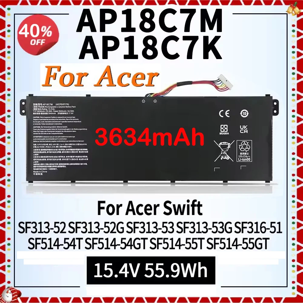 AP18C7M Laptop Battery AP18C7K For Acer Swift 3 SF313-52 SF313-52G SF313-53 SF313-53G SF316-51 5 SF514-54T SF514-54GT SF514-55T