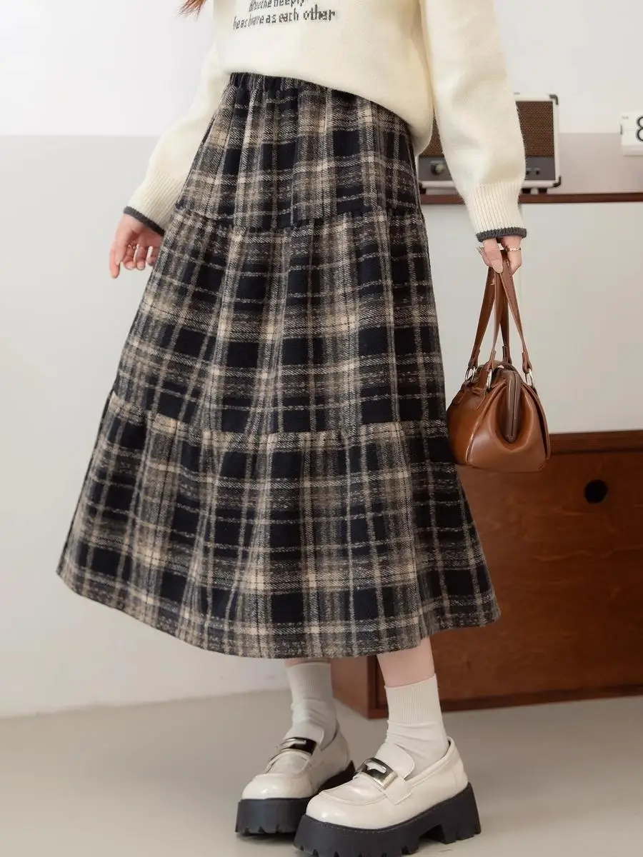 

Blue Tweed Plaid High Waist A-Line Midi Skirt Women's Spring Autumn Winter 2025 Slimming f-length Cake Skirt