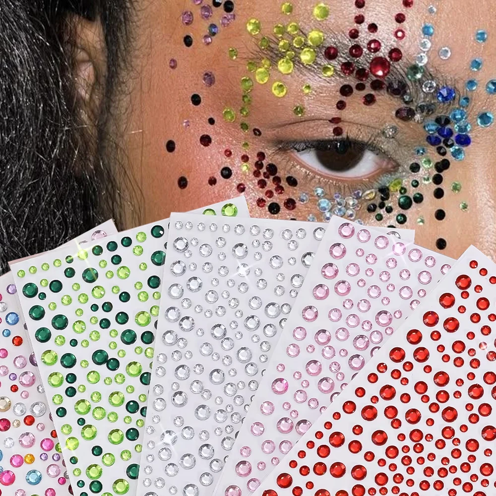 

5pcs Mixed Colorful Round Rhinstone Face Sticker 15x10cm Festival Body Eye Diamond Slider Girl Bling Jewel DIY Makeup Face Decal