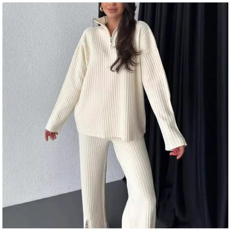 Casual knitted home suit women\'s warm zipper top trousers lapel long sleeves high waist trousers 2 piece suit