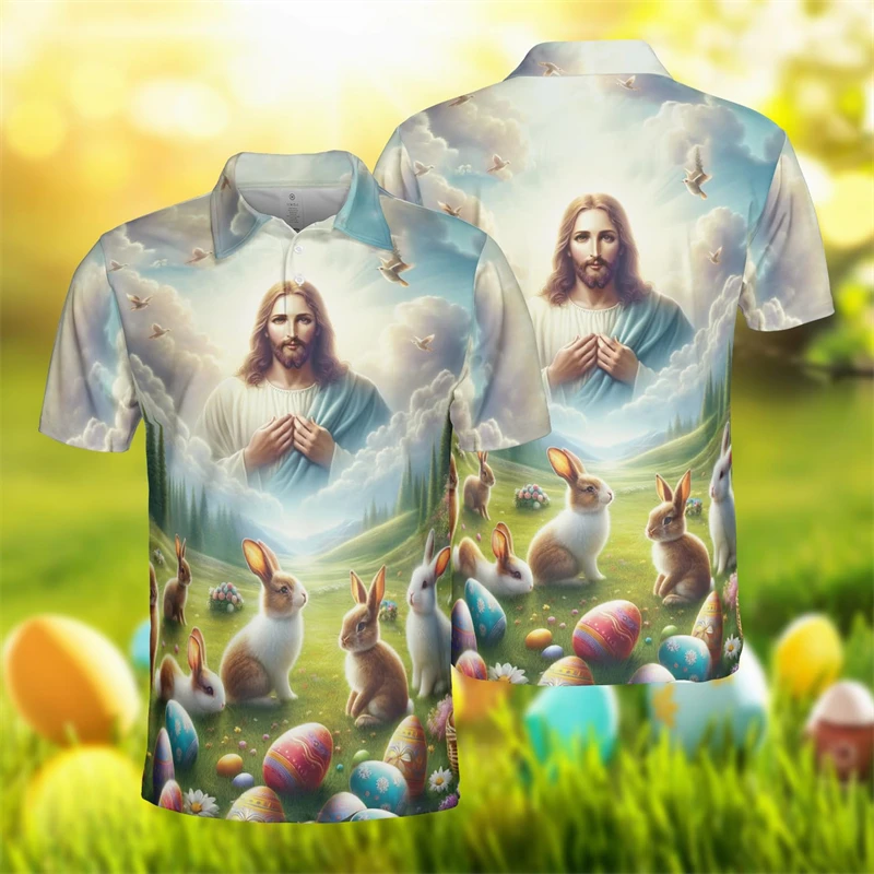 Happy Easter Day 3D Print Polo Shirts For Men Clothes Cartoon Rabbit Egg POLO Shirt Cute Bunny Eggs Short Sleeve Jesus Gift Tops