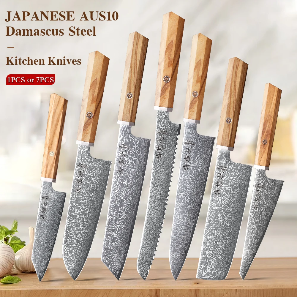Juego de Cuchillos de Cocina de 1 a 7 Piezas, Cuchillo Santoku, Bunka, para Frutas, Pan, Hecho a Mano en Japón, Acero de Damasco de 67 Capas, Cuchillo de Chef Profesional