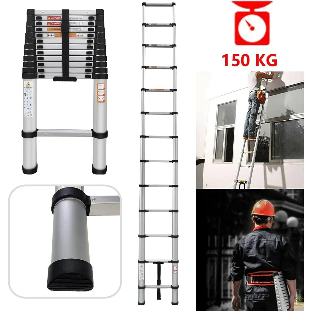 Collapsible 16-Foot Aluminum Extension Ladder for Attic Access, RV, Outdoor, and Home Use with 330lb Load Capacity