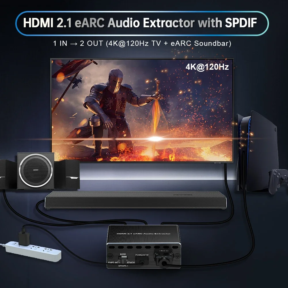 متوفر في المخزون 4K120 هرتز HDMI 2.1 EARC مستخرج الصوت 1 في 1 يدعم VRR ALLM HDCP2.3 ARC EARC لـ PS5 Xbox NVIDIA AMD