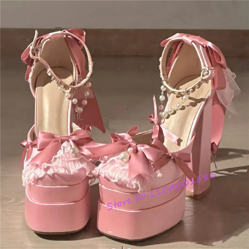 

Pink Lace Bow Satin Platform Pumps for Women Sweet Pearl Chain Ankle Buckle 15CM High Heels Summer New Cute Girl Lolita Shoes