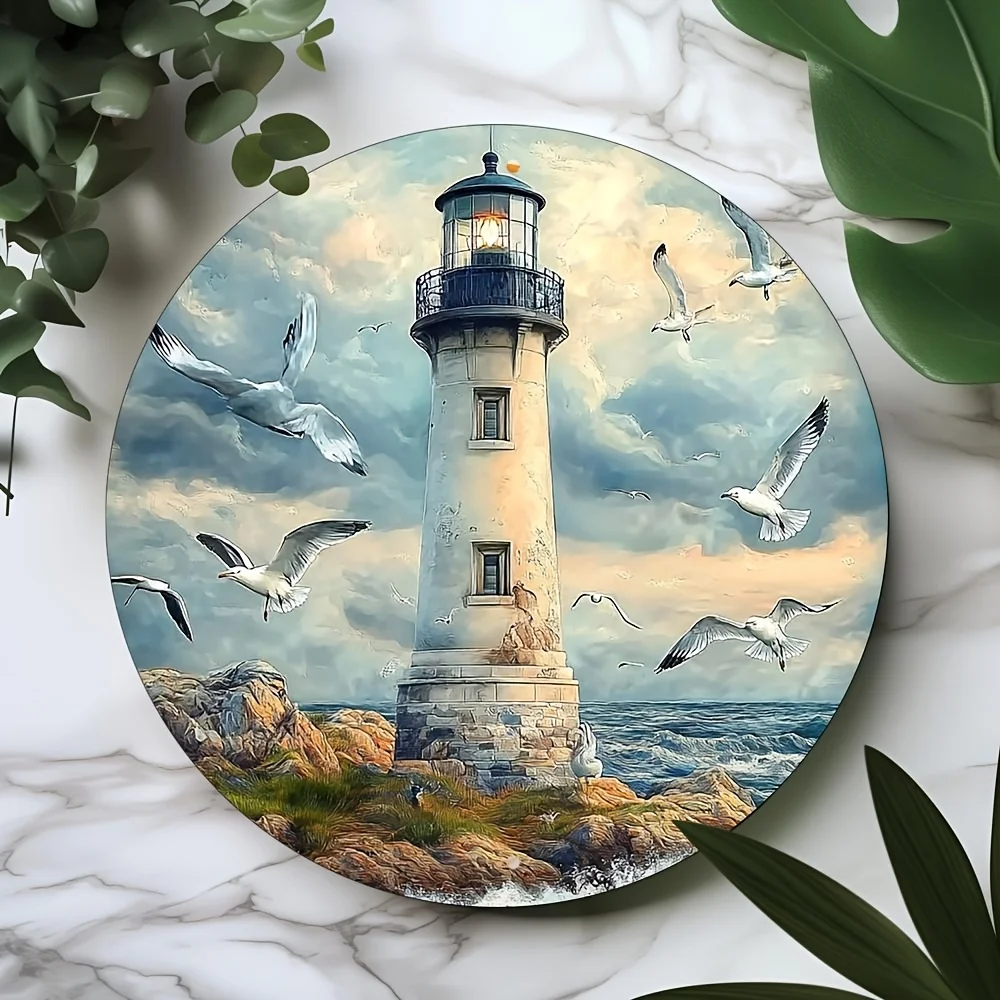 2D Flat - 1pc Vintage Coastal Lighthouse & Seagulls Round Metal Wall Art, 20.32cm x 20.32cm - Rustic Nautical Theme Decor for Ga