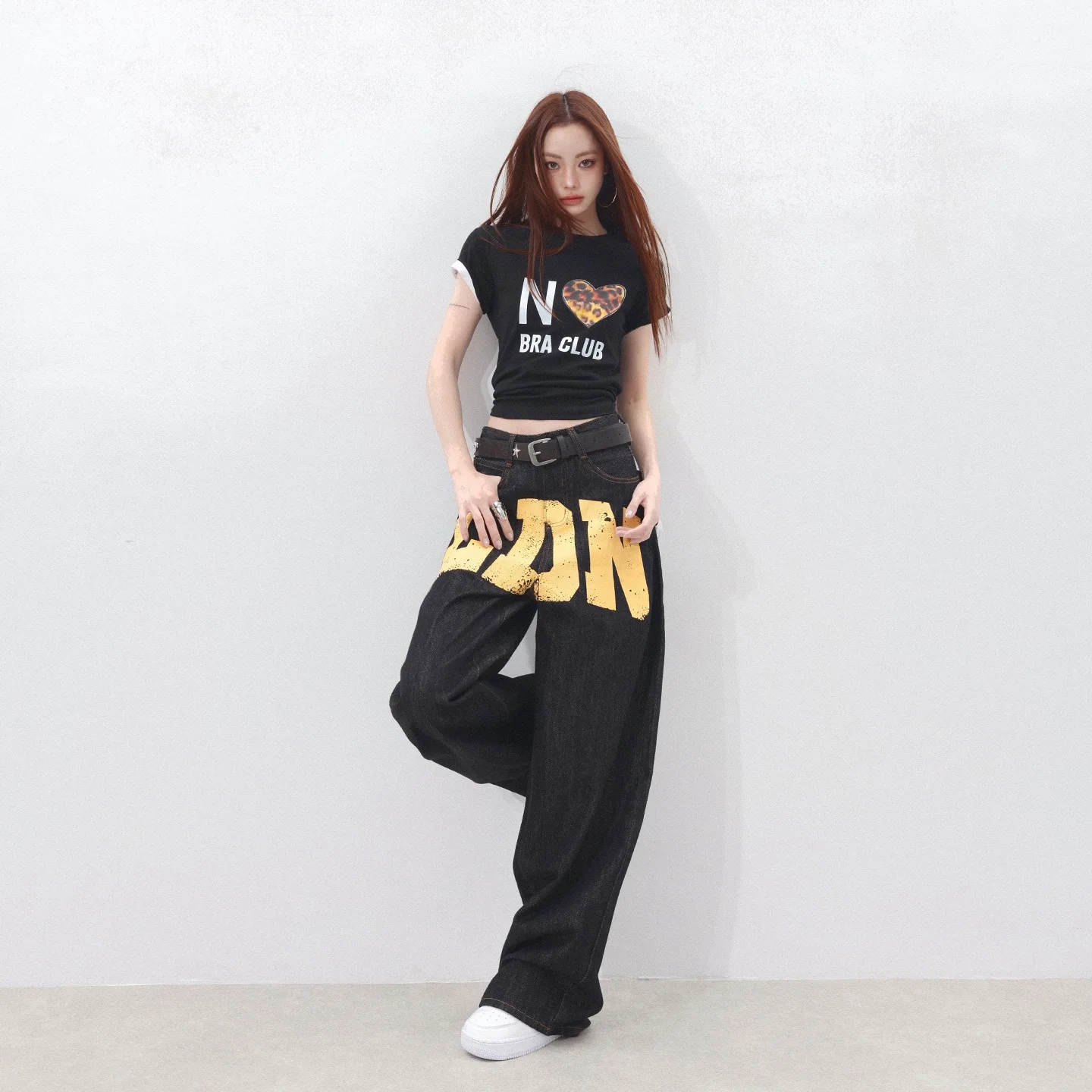 Trendy Bright Color Letter Print Wide Leg Jeans Women's Loose Fit Slimming Cover up Fashionable over Layering Denim Pants