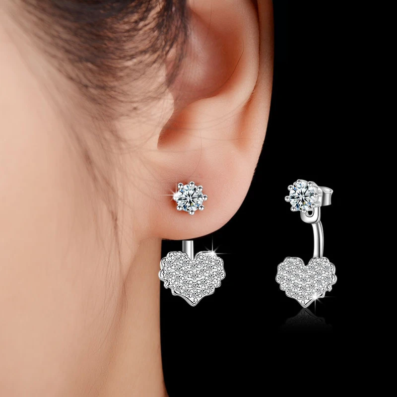 New Fashion Dual Use Luxury Heart Zircon Drop Earrings Women&Girl 925 Sterling Silver Jewelry Round Rhinestone Ear Stud Gift