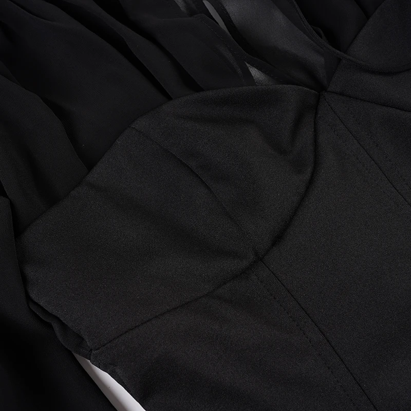 SUCHCUTE Schwarzes Mesh-Patchwork-Oberteil mit halbtransparenten Ärmeln für Damen, lässiges T-Shirt mit V-Ausschnitt, Y2k-Streetwear-T-Shirts, Herbst-Urlaubsoutfit – Detail 7