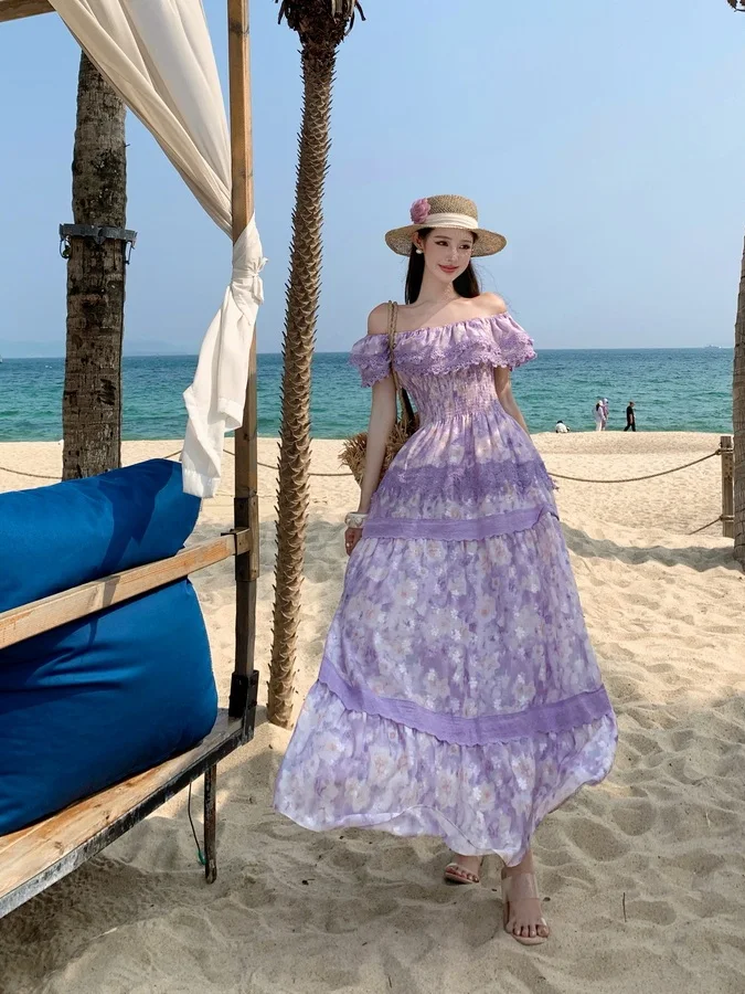 

Elegant Purple Long Printed Waist-Cinching Dress Women's Summer Vintage High-End Feeling Long Skirt Citywalk A-Line Gown