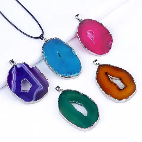 Colgante de rebanada de ágata de piedra Natural, dijes de Color dorado y plateado para fabricación de joyas, suministros, accesorios para collar y pendientes DIY
