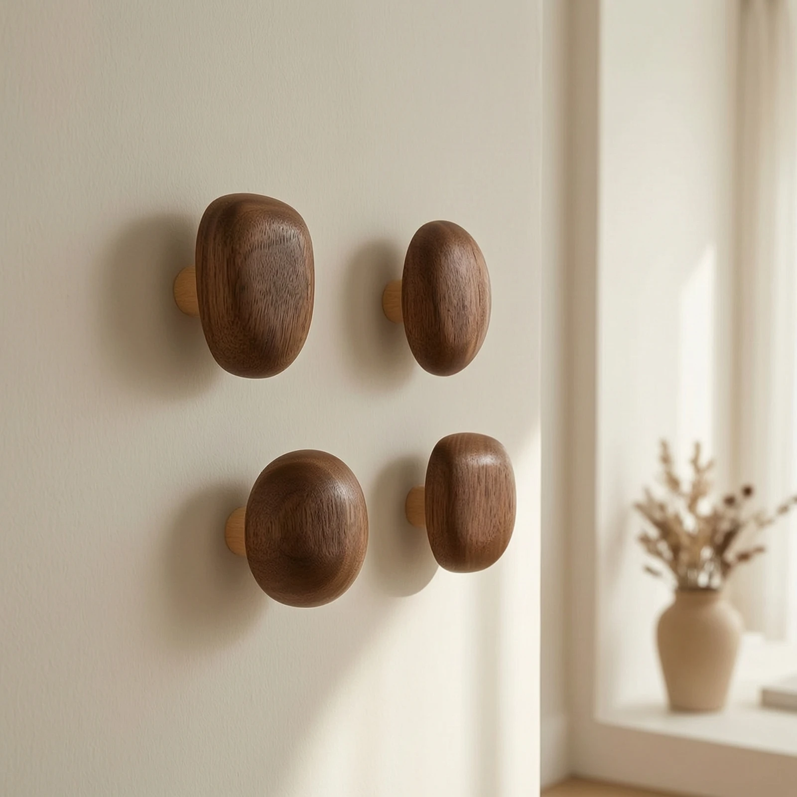 4 Pieces Wooden Wall Hook Solid Wood Pebble Wall Hook Walnut Finish Natural for Entryway, Bedroom
