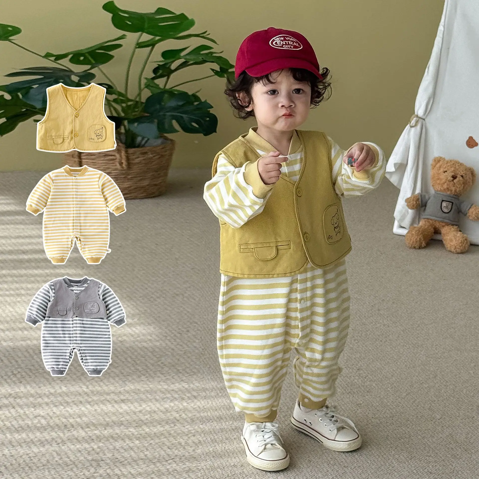 

Baby Korean Version Set 2025 New Autumn Baby Fashion Cartoon Vest Striped Jumpsuit Two-piece Set