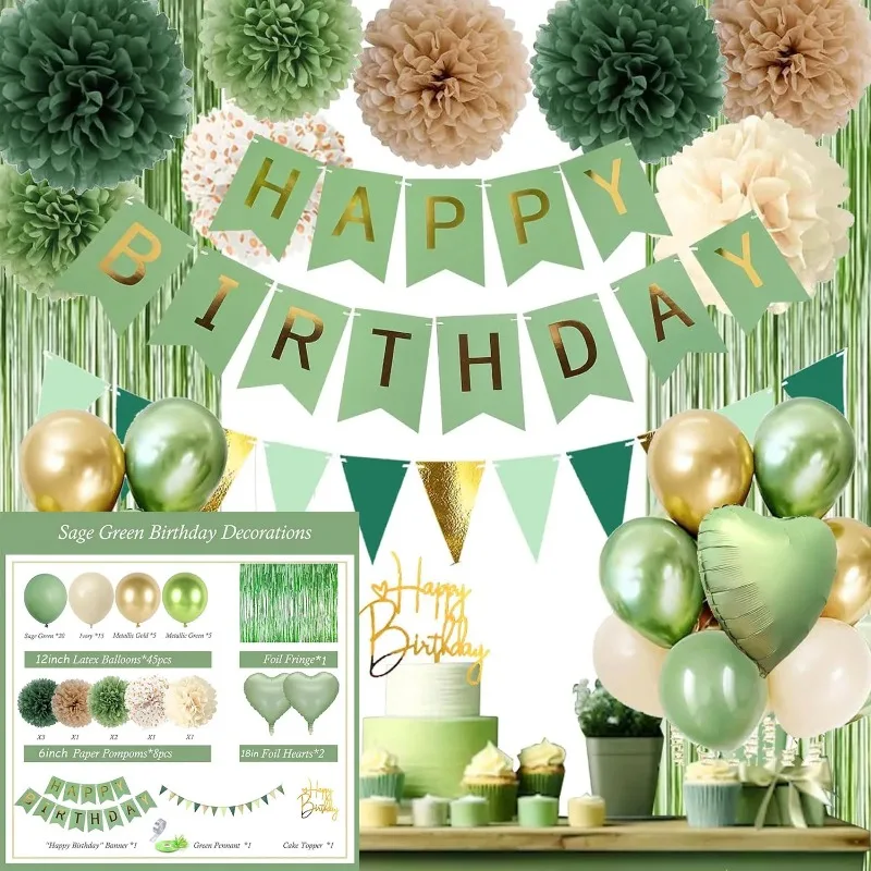 

Шалфейный зеленый, золотой, бежевый, украшения на день рождения, оливковые воздушные шары, баннер с днем рождения, занавеска с бахромой, фон, нейтральный декор на день рождения