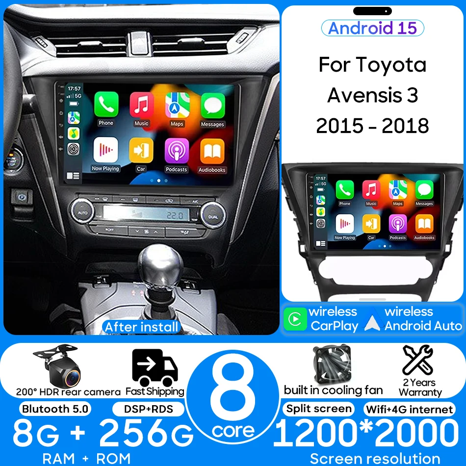 

For Toyota Avensis 3 2015 - 2018 Android 15 Car Multimedia Video Radio Player Navigation GPS CarPlay Android Auto Wifi TS10 2din