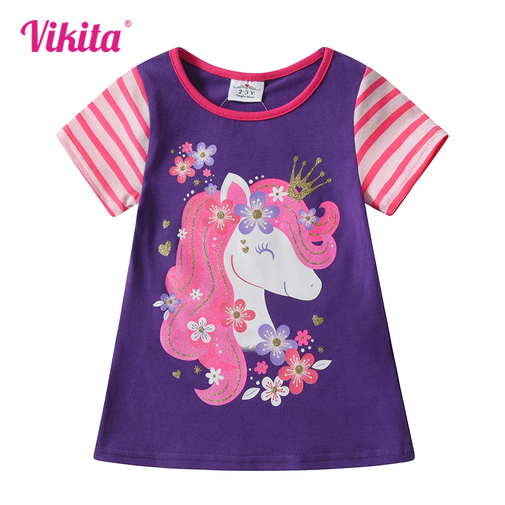 VIKITA Girls O Neck Short Sleeve Summer T Shirts Kids Unicorn Print Cartoon Tops and Tees Girls Cotton Casual Daily Clothes