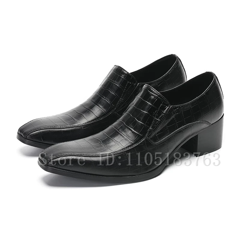 

Men New Black Genuine Leather Business Shoes Square Toe Thick High Heels Oxford Shoes Luxury Handmade Wedding Party Shoes