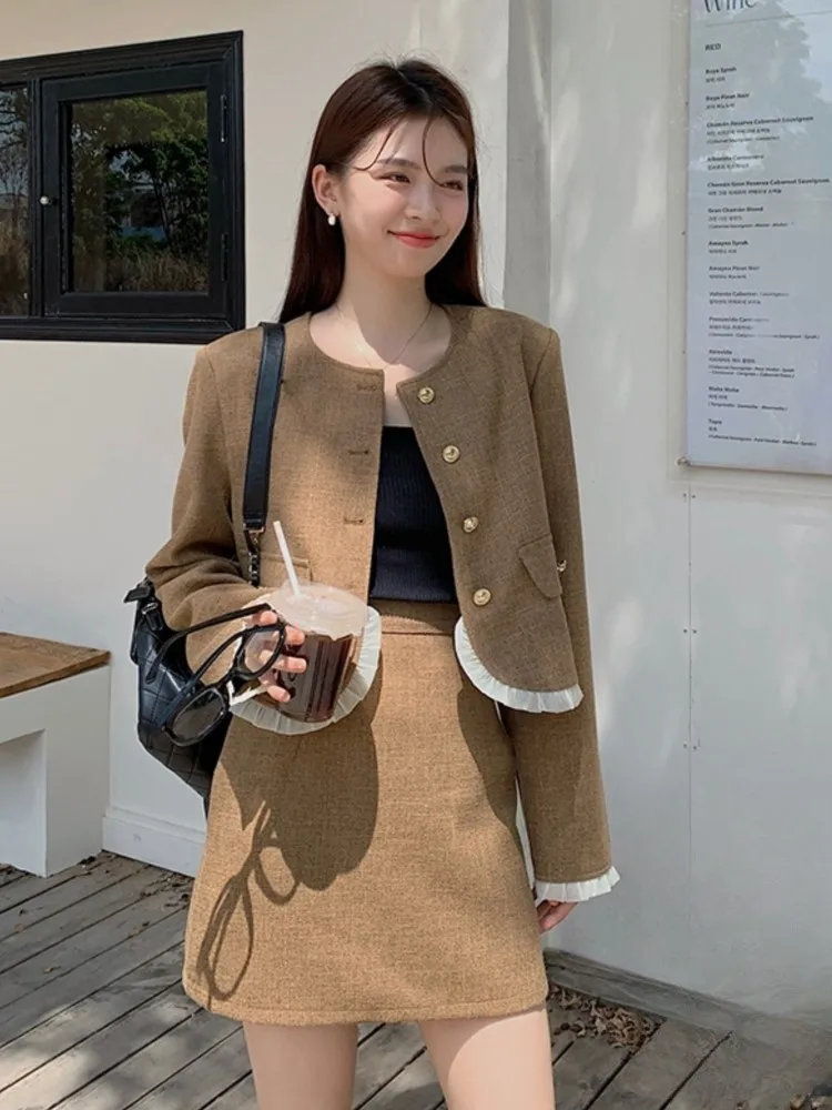 Women Autumn New French Coat Skirt Suit Vintage O-neck Blazer Jacket+A-line Mini Skirt Two Pieces Set Elegant Commuting Outfits