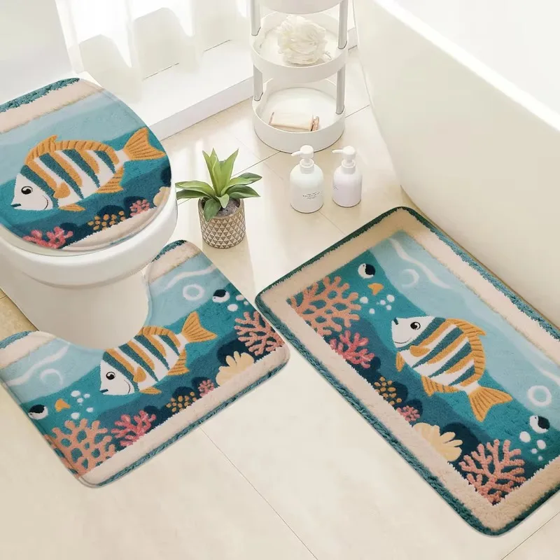 VIKAMA 3-Piece Set of Nautical-Style Floor Mats: Noise-Reducing, Non-Slip Bathroom and Toilet Rugs for Home and Decor