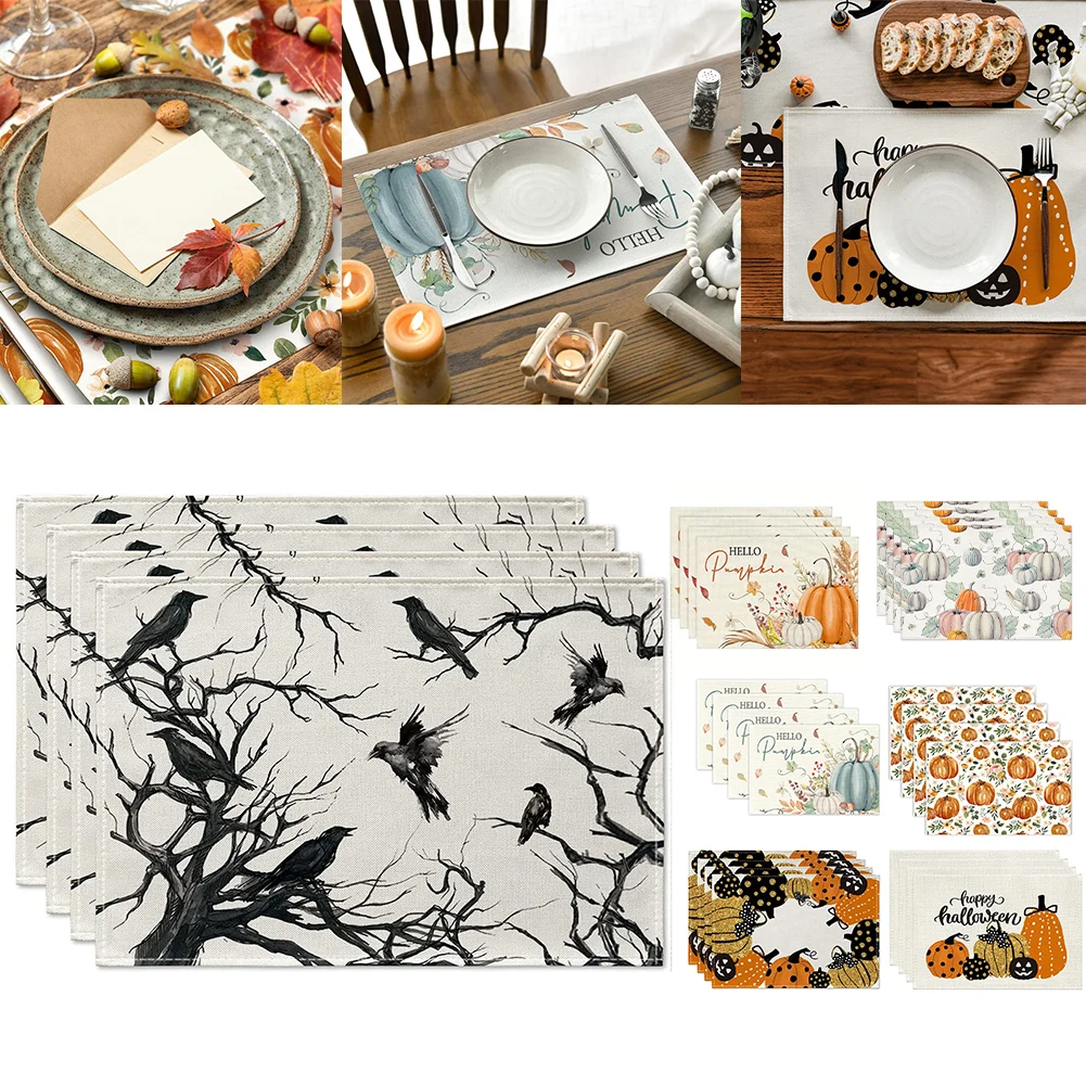 4Pcs Pumpkin Maple Leaf Placemats 18x12 Inch Polyester Linen Table Mats For Thanksgiving Halloween Autumn Party Home Decoration