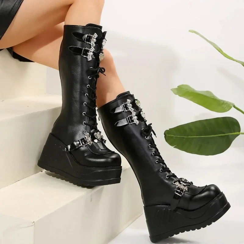 

High Quality Women's Boots Fashion Designer Belt Buckle Platform Boots for Women Retro Punk Chunky Wedges Shoes for Womens Botas
