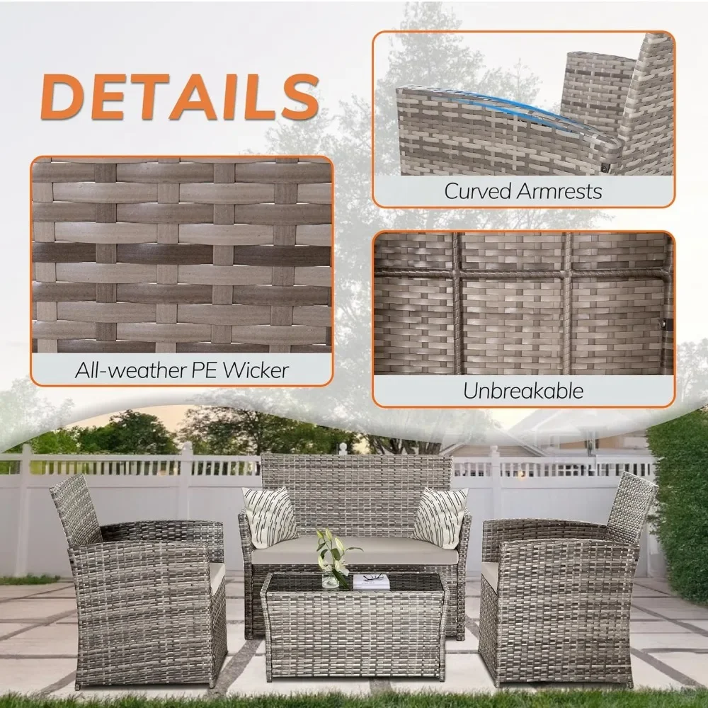 Outdoor Wicker Patio Móveis Set, Rattan sofá secional com mesa de café para quintal jardim e piscina, 4 PCs