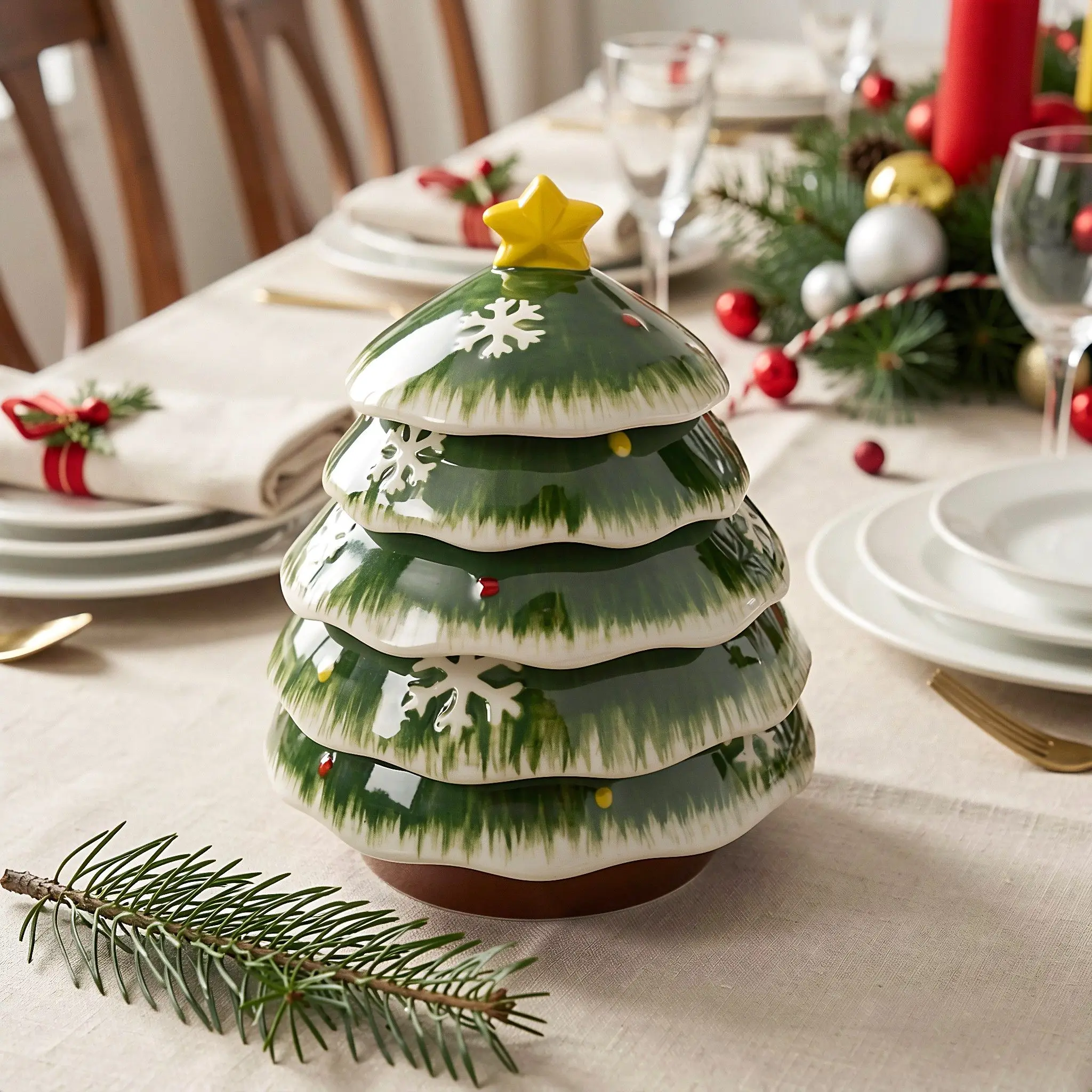 Xmas Food Snacks - 1 Set Seramik Noel Ağacı Servis