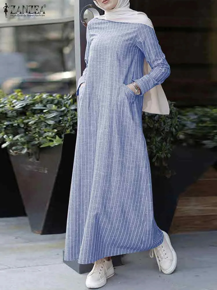 2023 ZANZEA Muslim Maxi Dress Women\'s Autumn Striped Sundress Casual Long Sleeve Vestidos Female O Neck Cotton Robe Oversize