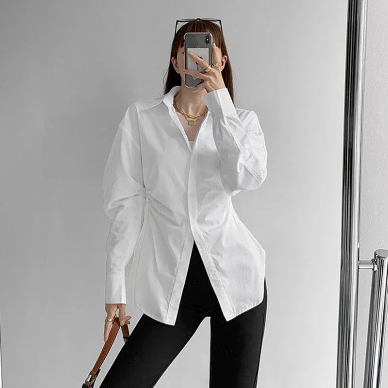 Rimocy 2024 Fashion White Slim Fit Shirt Women Turn Down Collar Elegant Long Sleeve Blouses Woman Pleated Button Up Shirts Top