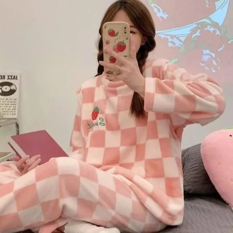 Pijamas quentes para o inverno engrossado plus size coral veludo pijamas feminino quente manga longa cor sólida calças xadrez casa terno se