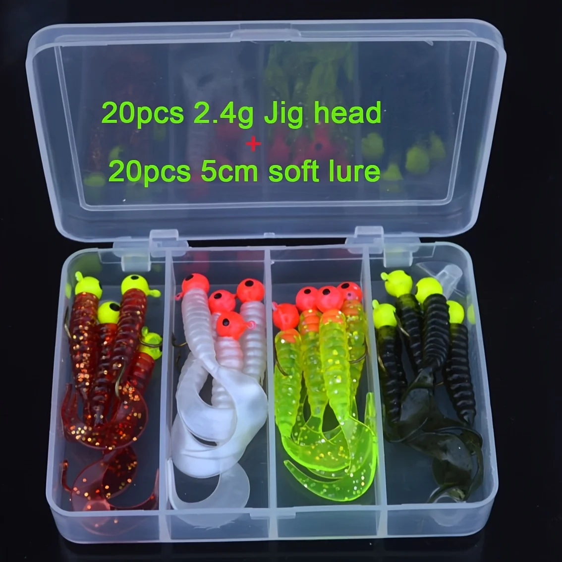40pcs/Set Fishing Lure Set 20pcs Metal Jig Head Fishing Hooks + 20pcs Soft Worm Lure Grub Silicone Fish Artificial Bait Tackle