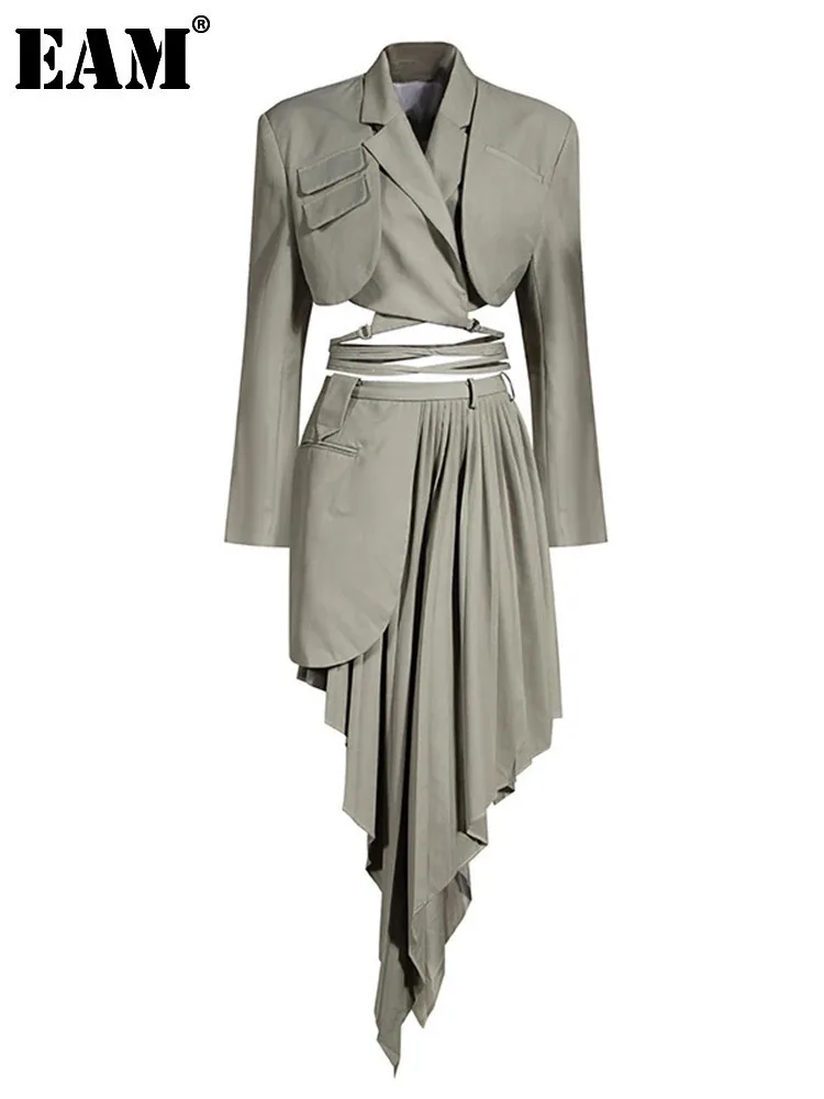 [EAM]  Half-body Skirt Gray Pleated Irregular Two Pieces Suit New Lapel Long Sleeve Loose Women Fashion Spring Autumn 2024 1X728