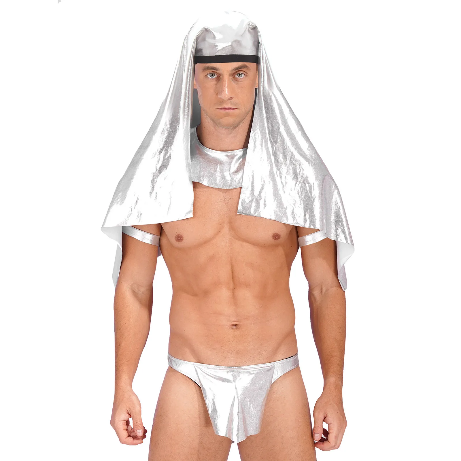 Herren Halloween Rollenspiel Bühne Performance Outfit Metallic glänzende Kopf bedeckung Kragen Armbänder Low Rise Bulge Beutel G-String Höschen