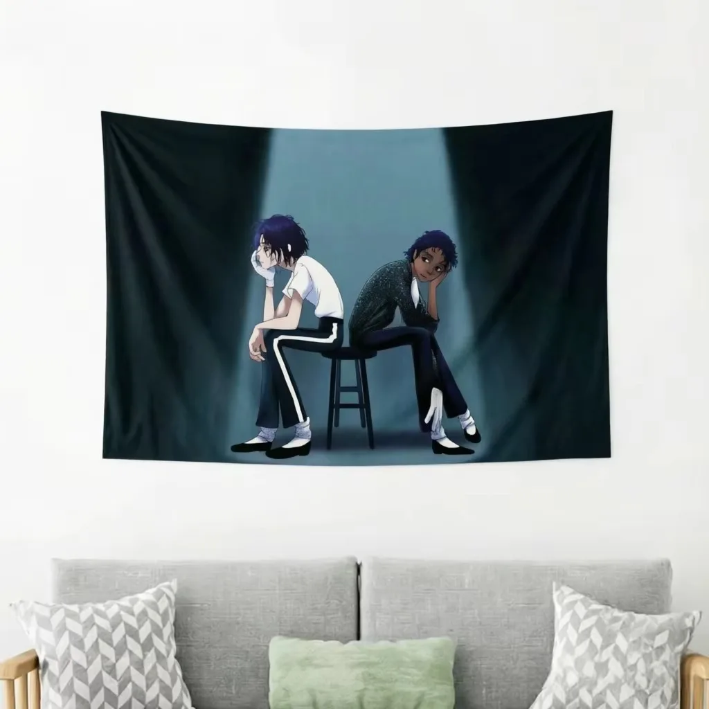 M-Michael J-Jackson Dual Character Tapestry, Back to Back Stool Spotlight Dark Stage Wall Hanging for Dorm Gaming Man Cave Decor