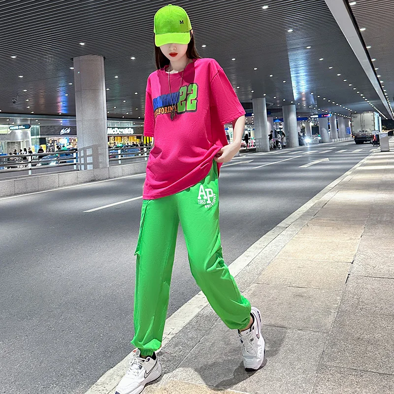 Adult Hip Hop Clothing Pink Tops Green Pants Casual Overalls Street Dance Wear Jazz Performance Clothes Hip Hop Dance Costumes