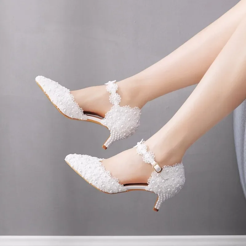 Women Sexy High Heels Dress Party Sandalias String Bead Buckle Strap PU 5CM Thin Heels Dress Sandals Elegant Women Shoes White