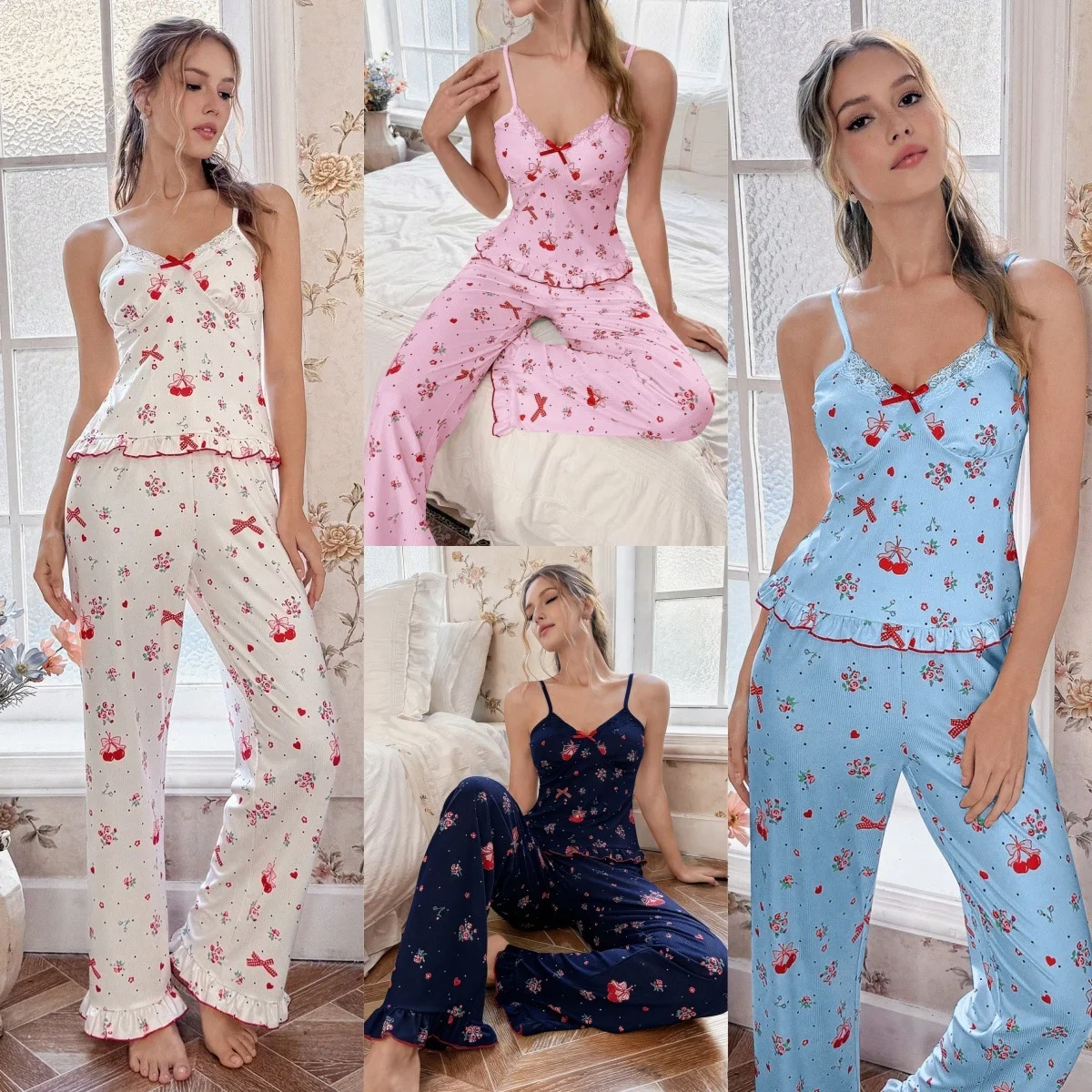 

Lace Print Sleepwear Set Women's Sweet Summer Home Clothes Elastic Waistband Two-Piece Knitted Cotton Fruit Cherry Pattern