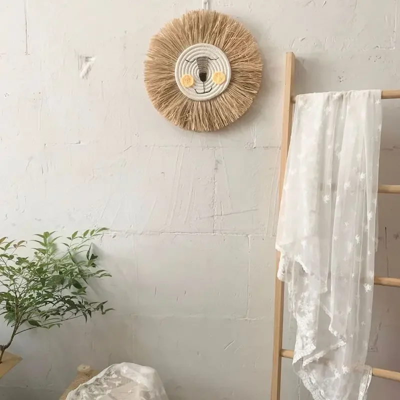 INS Nordic Handmade Cartoon Round Lion Hanging Decorations Cotton Thread Raffia Animal Head Ornament Children Room Wall Mounted