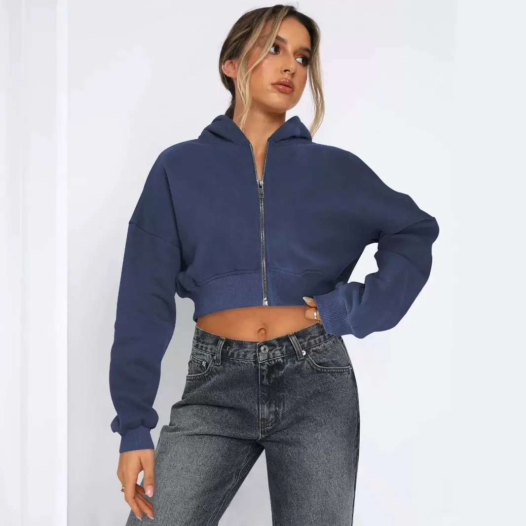 Fleece Zip Up Hoodie Sweatshirt Long Sleeved High Waist Crop Tops Outerwear Hoodies Streetwear for Women