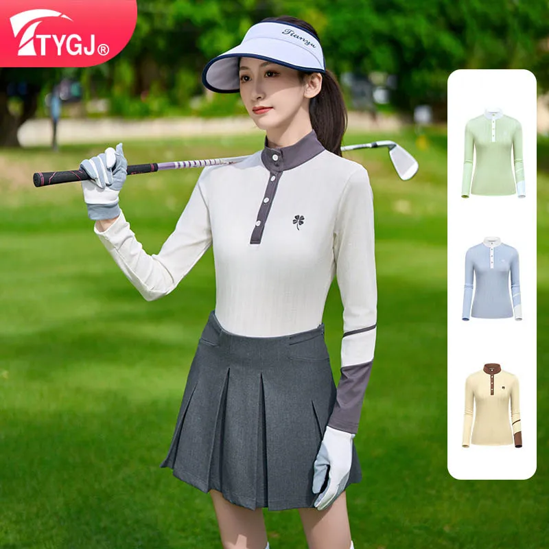 

TTYGJ Women Long-sleeved Breathable Golf Shirts Spring Fall Patchwork Golf Tops Stand Collar Sports Polo T-shirt Training Jersey