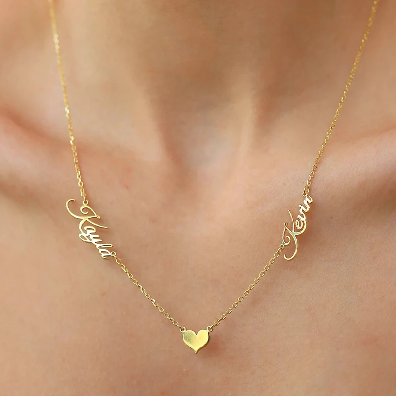 Collar personalizado con doble nombre, collar de acero inoxidable con nombre de pareja y niños, collar de circón con corazón, regalo de joyería de Navidad familiar