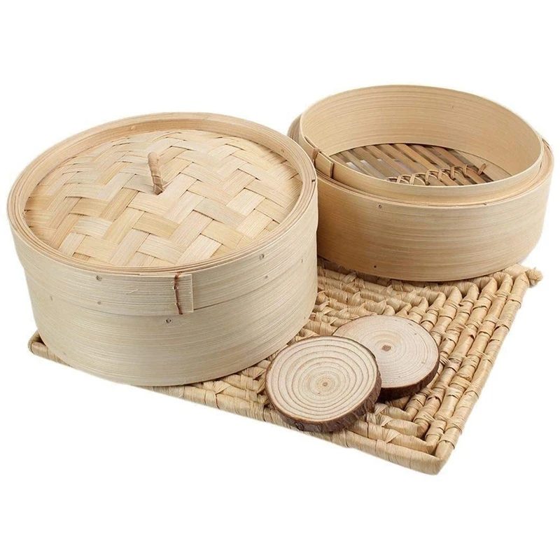 Ensemble de cuiseur à vapeur en bambou avec couvercle, panier Dim Sum, cuiseur à pâtes de riz, panier à vapeur, 2 niveaux, 8 po