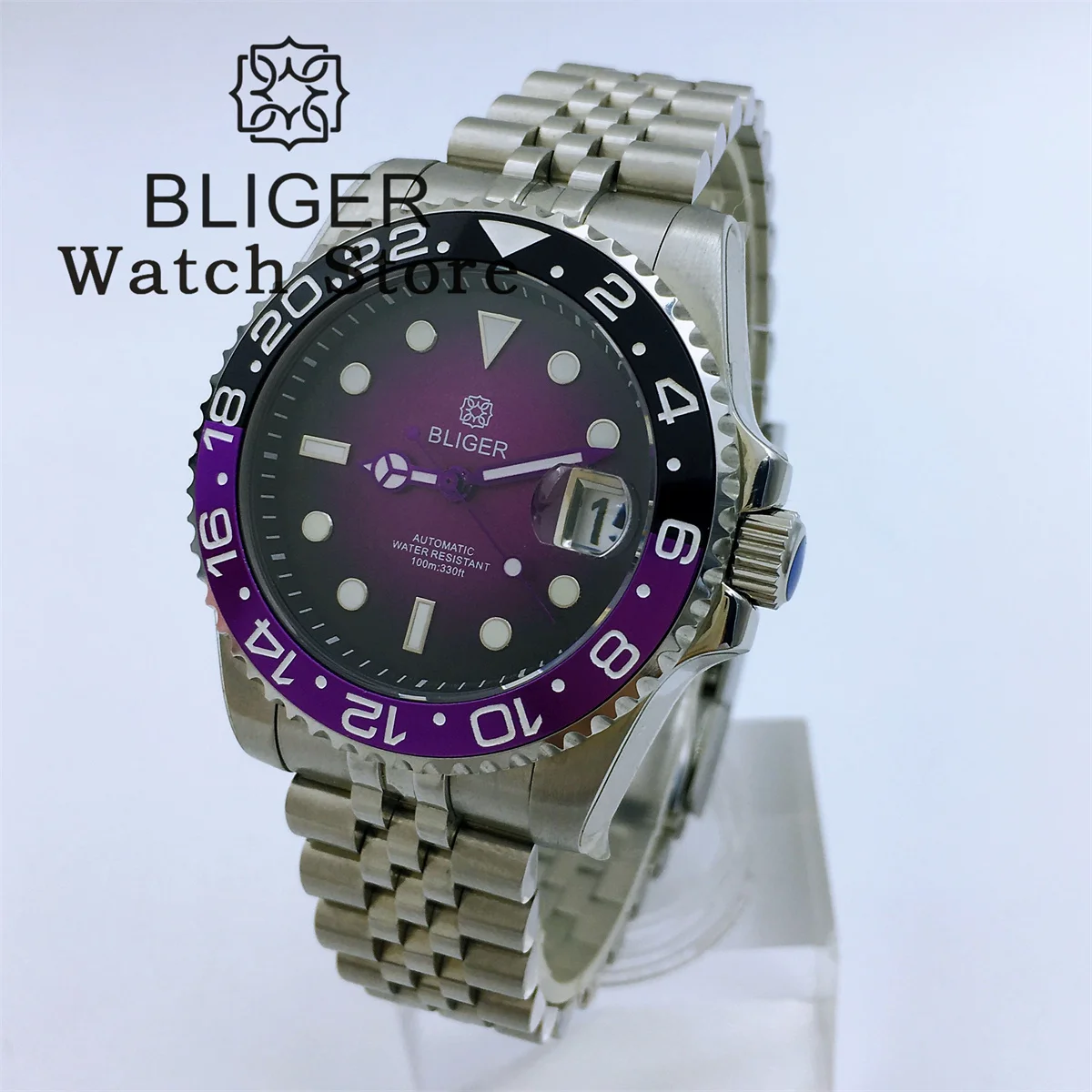 BLIGER 40mm NH35 Automatic Dive Watch For Men Ceramic Black Purple Luminous Bezel Luminous Chapter Ring Sapphire Deepwaterproof