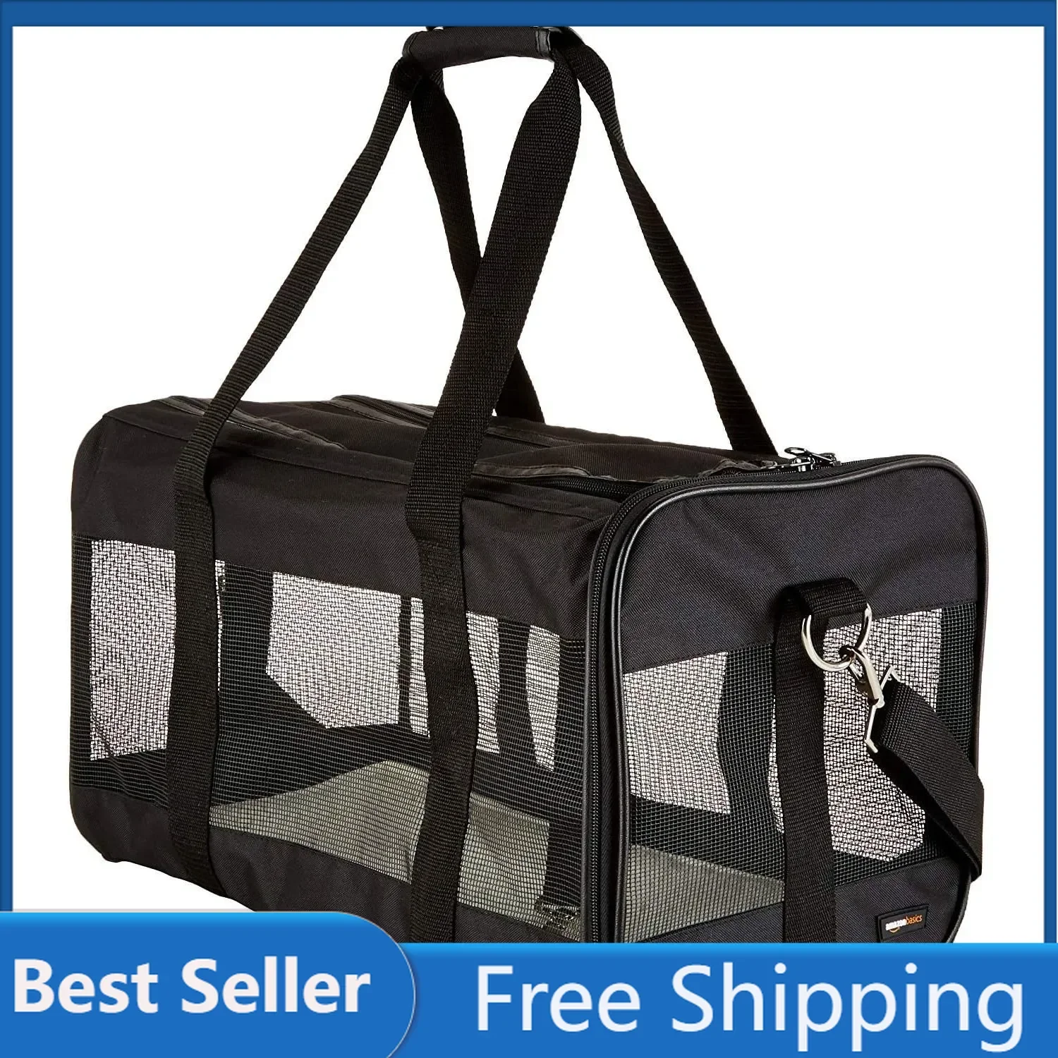 Amazon Basics Soft-Sided Mesh Pet Travel Carrier for Cat, Dog, Large, Black, 19.7 x 10.2 x 11.2 inches (LxWxH)