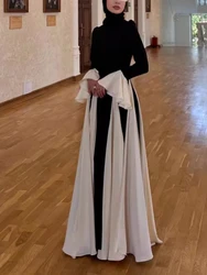 Women's O Neck Flare Sleeves Patchwork Long Dress Women White Black Contrast Color Long Sleeve A-line Dresses Evening Party Gown
