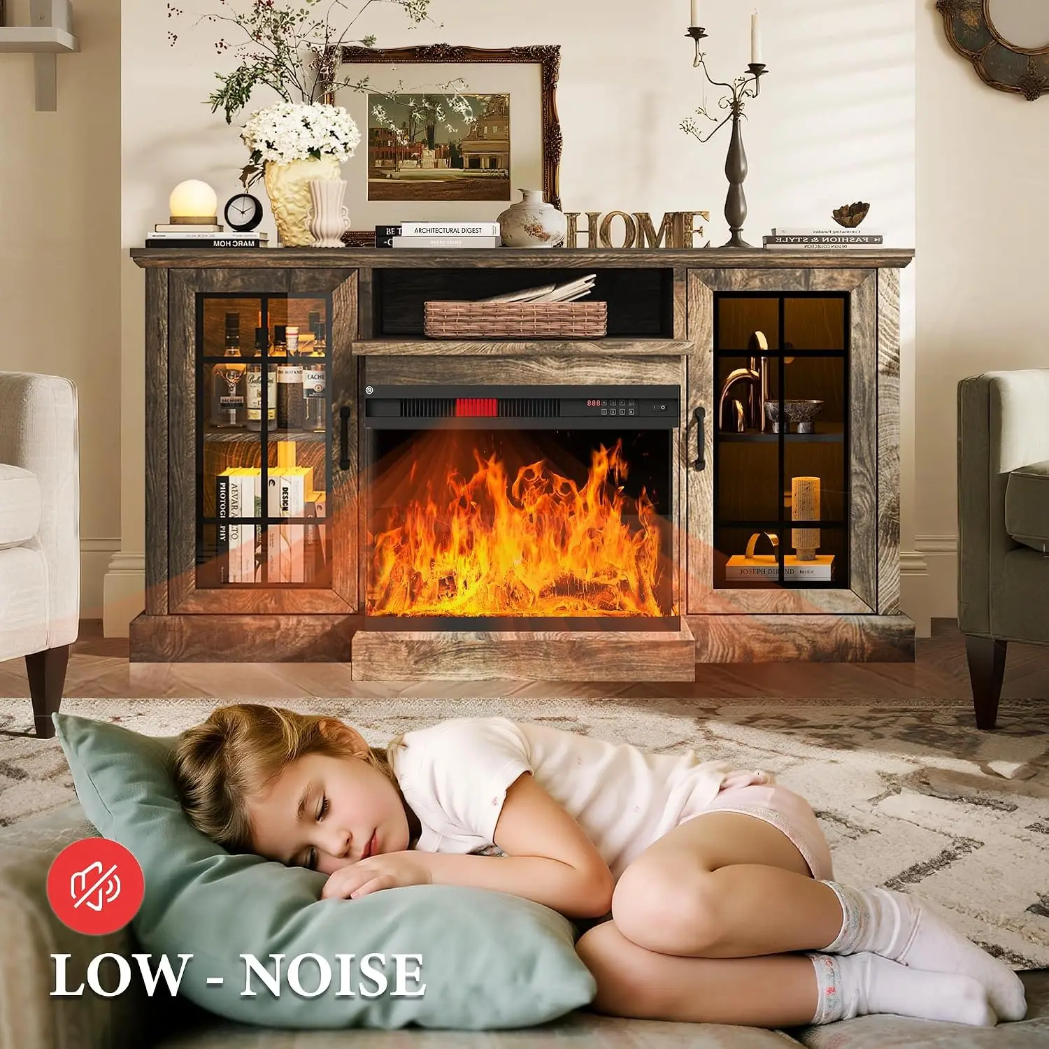 Farmhouse Fireplace TV Stand with 3-Sided Glass LED Flame Storage Drawers & Cabinets for Living Room Gray, Customized