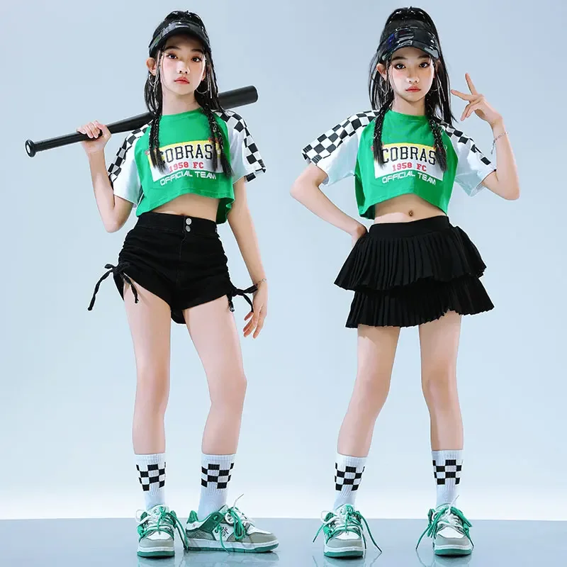 여자 힙합 자르기 탱크 탑 그린 스트리트 댄스 스커트 키즈 플리츠 스커트 십대 재즈 멋진 의상 어린이 streetwear 의류 ​​세트