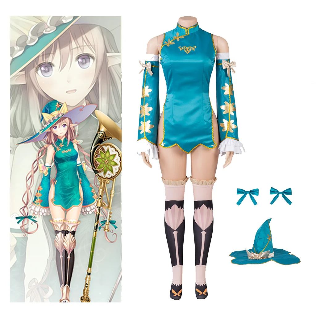 Game Shining Resonance Refrain Rinna Mayfield Cosplay Costume Witch Suit Girls Blue Dress with Hat Socks Complete Set